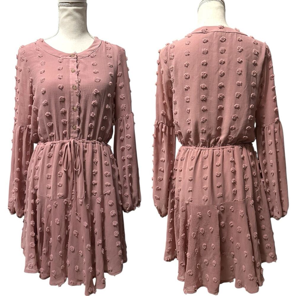 Blu‎ Pepper Dusty Rose Swiss Dot Long Sleeve Ruffle Dress Women's S Cottagecore